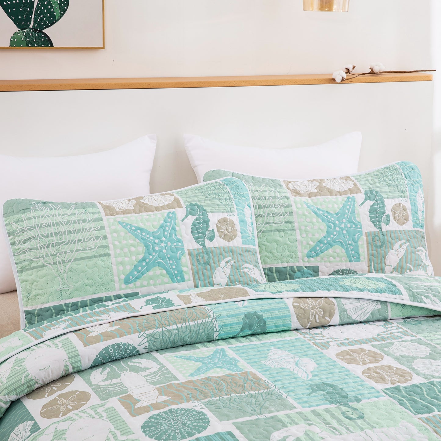 Coastal Quilt Set Seashell Beach Theme Bedspread 3 Pieces Quilt Set with 2 Pillowcases