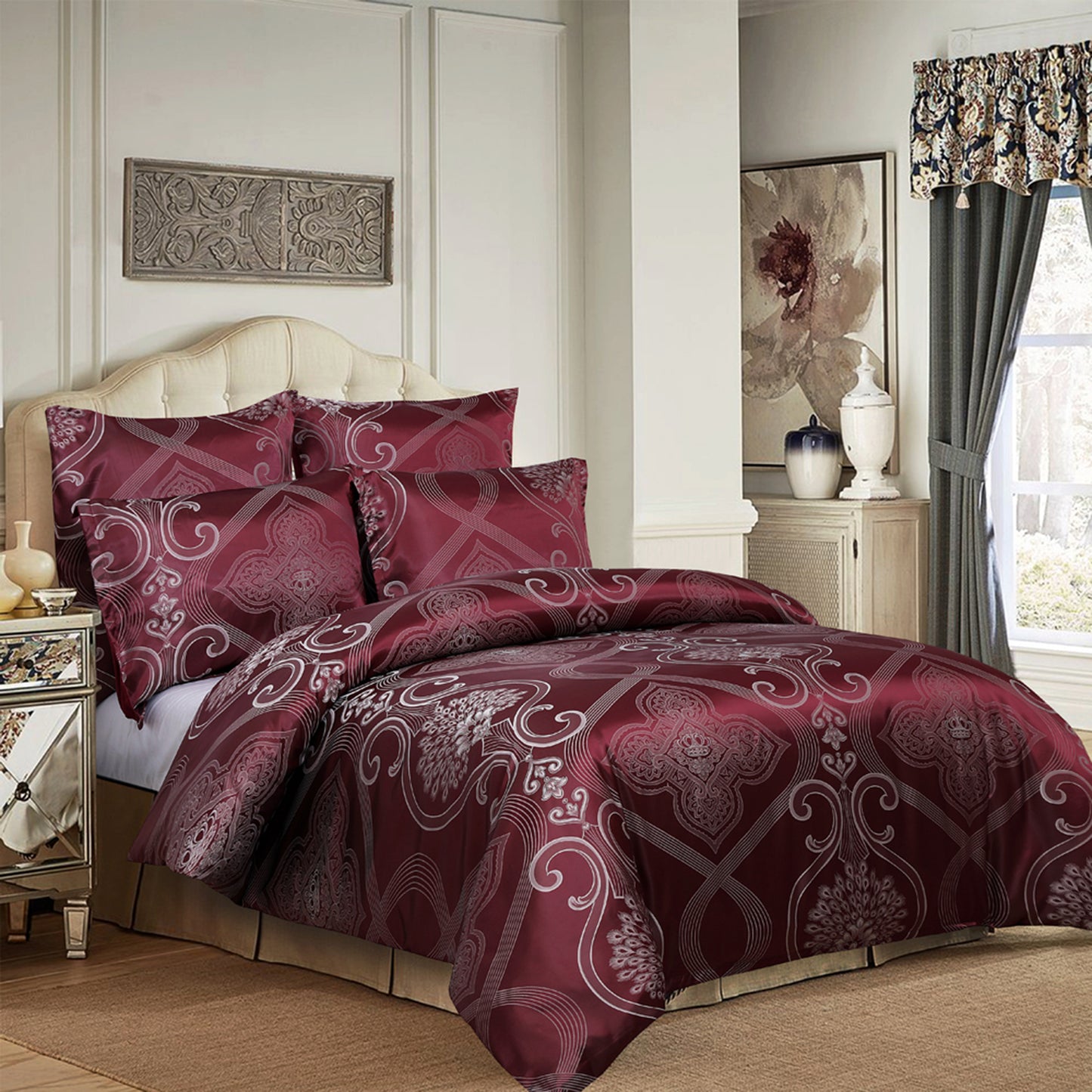 WONGS BEDDING Dark Red Embroidery Satin Craft Duvet Cover Set With 2 Pillow Case