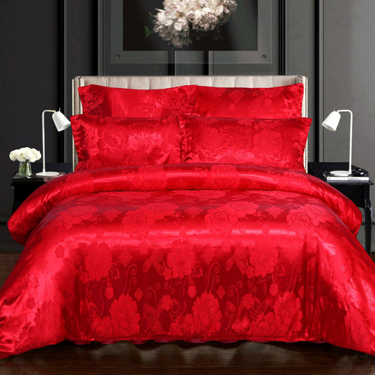 WONGS BEDDING Bright Red Embroidery Satin Craft Duvet Cover Set With 2 Pillow Case