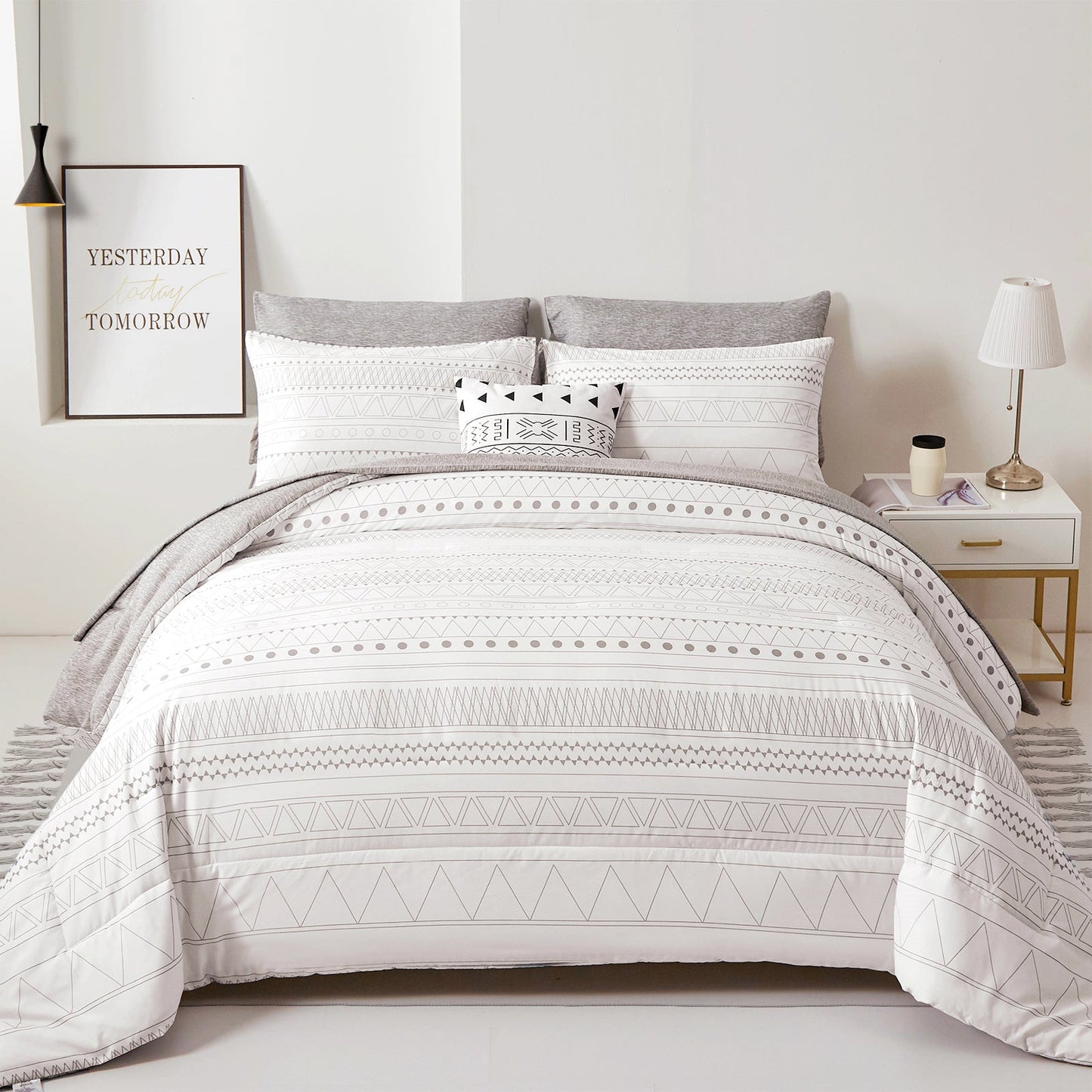 Grey Reversible Striped Bohemian 7 Pieces Comforter Set With 4 Pillowshams