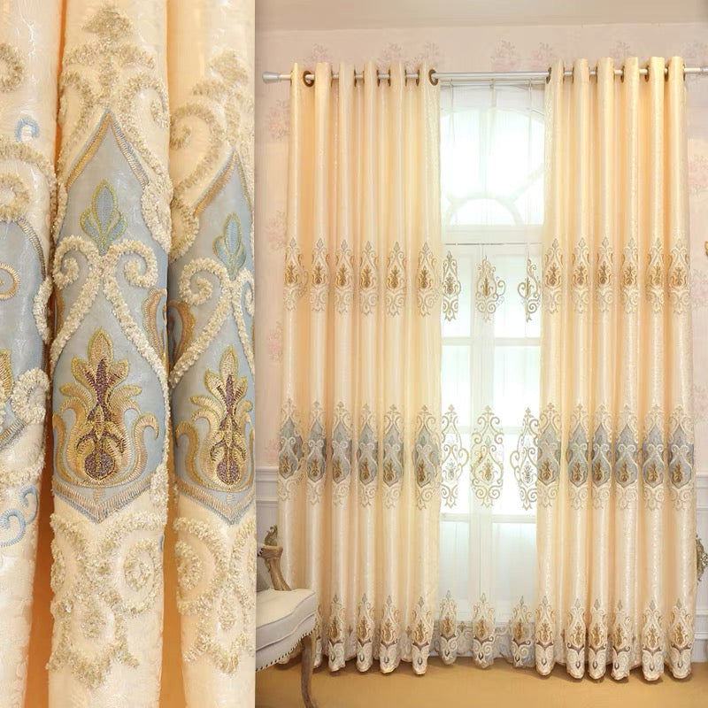 European Luxury Elegant Embroidered Shading Curtains Yellow Blackout Curtain for Living Room Bedroom Custom 2 Panels Drapes