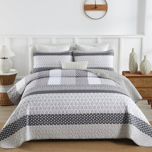 WONGS BEDDING Queen Size Quilt Set Stripe Splicing,3Pcs Boho Light Gray Bedding Set Adult(90"x96")