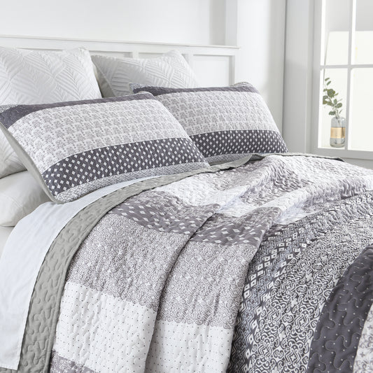WONGS BEDDING Queen Size Quilt Set Stripe Splicing,3Pcs Boho Light Gray Bedding Set Adult(90"x96")
