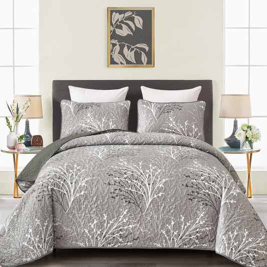 WONGS BEDDING Queen Size Quilt Set Botanical,3Pcs Gray Boho Bedding Set Soft Bedspread Adult(90"x96")