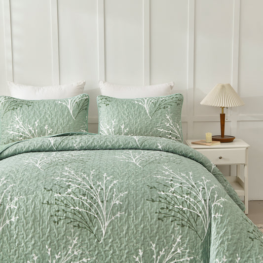WONGS BEDDING Queen Size Quilt Set Botanical,3Pcs Green Boho Bedding Set Soft Coverlet Adult(90"x96")