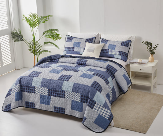 Blue plaid stitching 3 Pieces Quilt Set with 2 Pillowcases