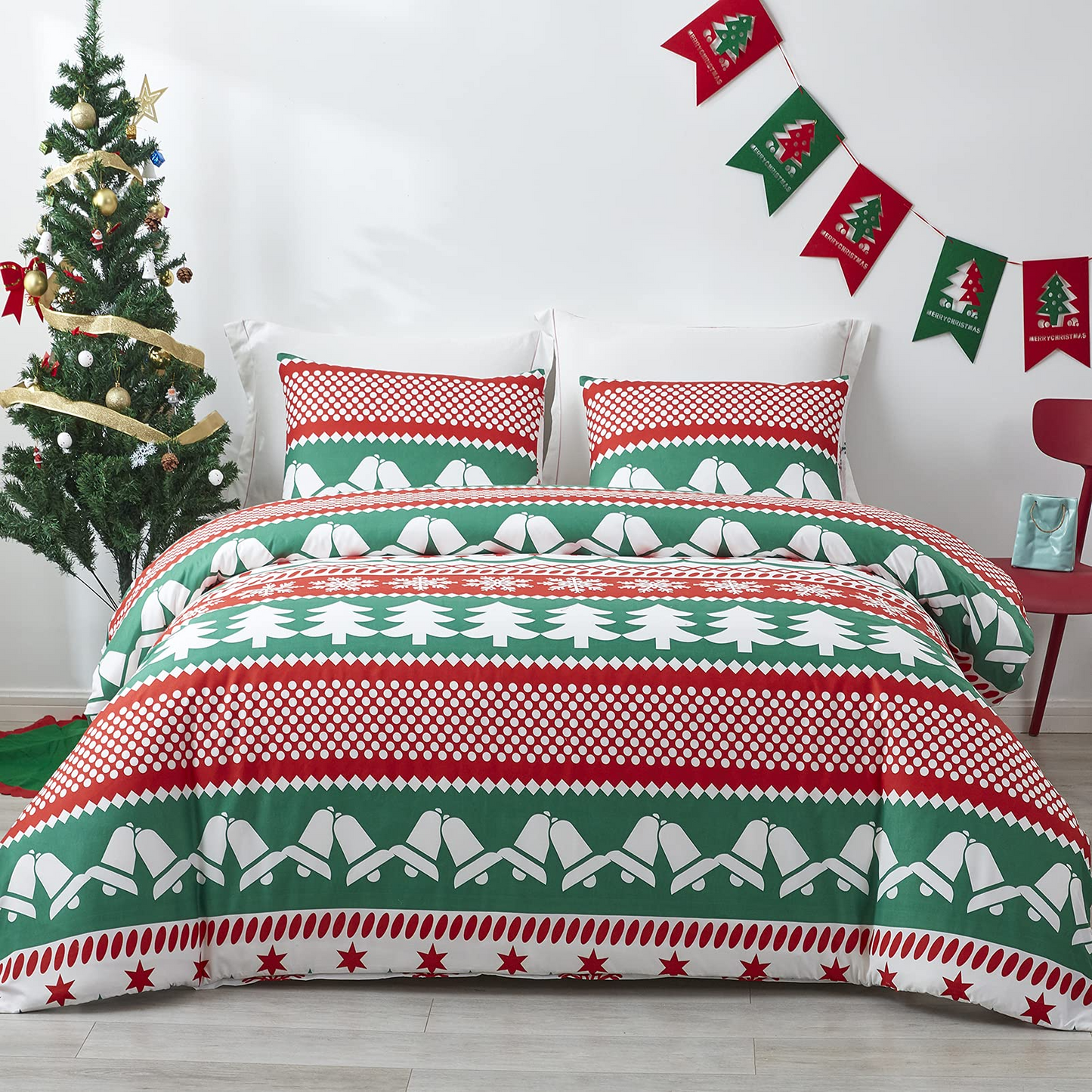 WONGS BEDDING Green With Christmas Elements Duvet Cover Set With 2 Pillowcases