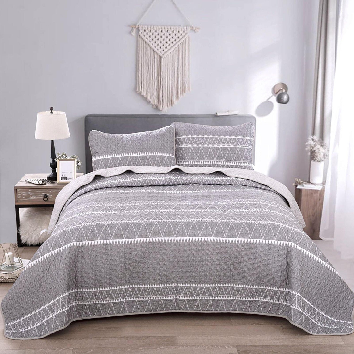 Simple lines 3 Pieces Boho Quilt Set Coverlet with 2 Pillowcases - Wongs bedding
