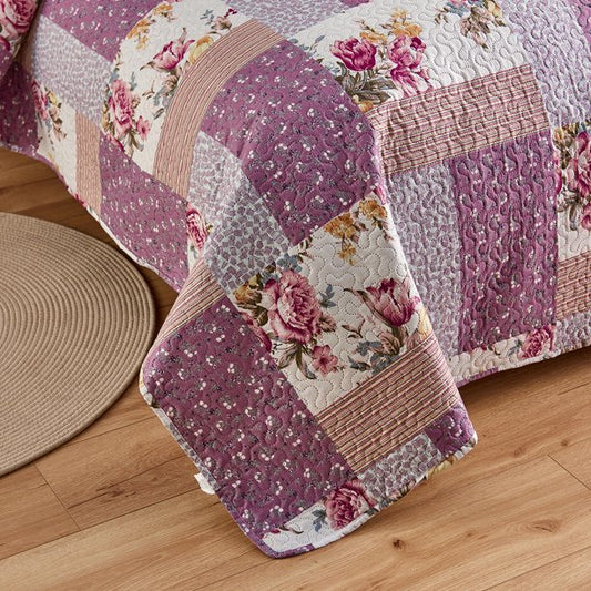 Floral Grid Print 3 Pieces Quilt Set With 2 Pillow Shams