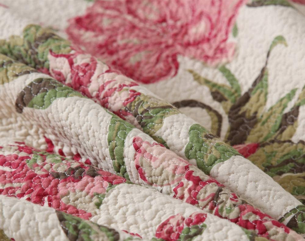 Pure Cotton Red Flower Green Leaves Prints 3 Pieces Reversible Quilt Set with 2 Pillowshams
