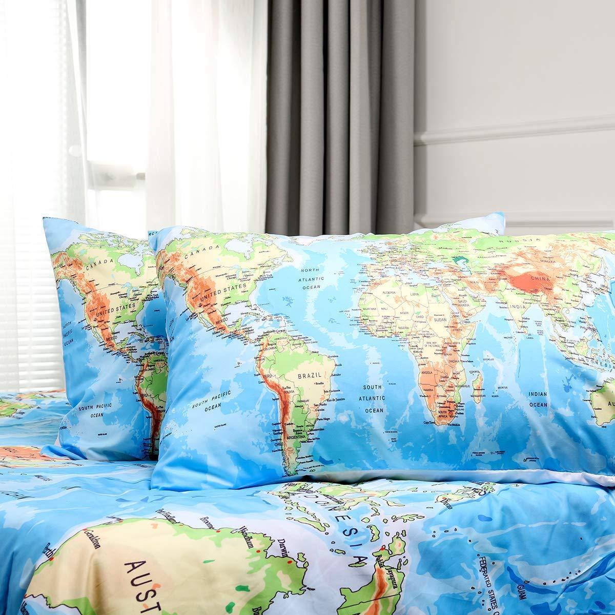WONGS BEDDING World Map Duvet Cover with Zipper Closure Anti-allergic Duvet Cover For Kids - Wongs bedding