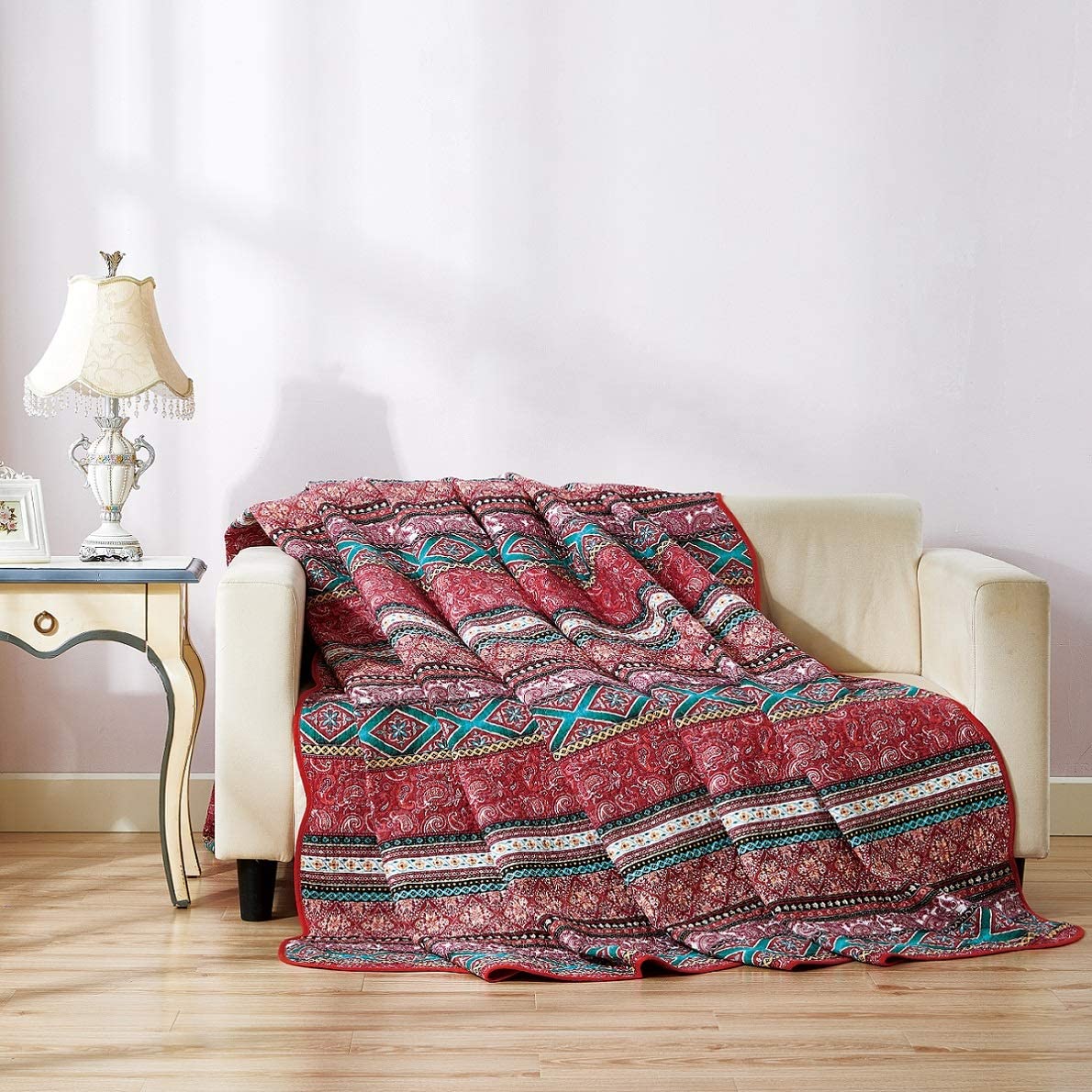 Red Green Striped Pattern Patchwork 3 Pieces Boho Quilt Set with 2 Pillowcases