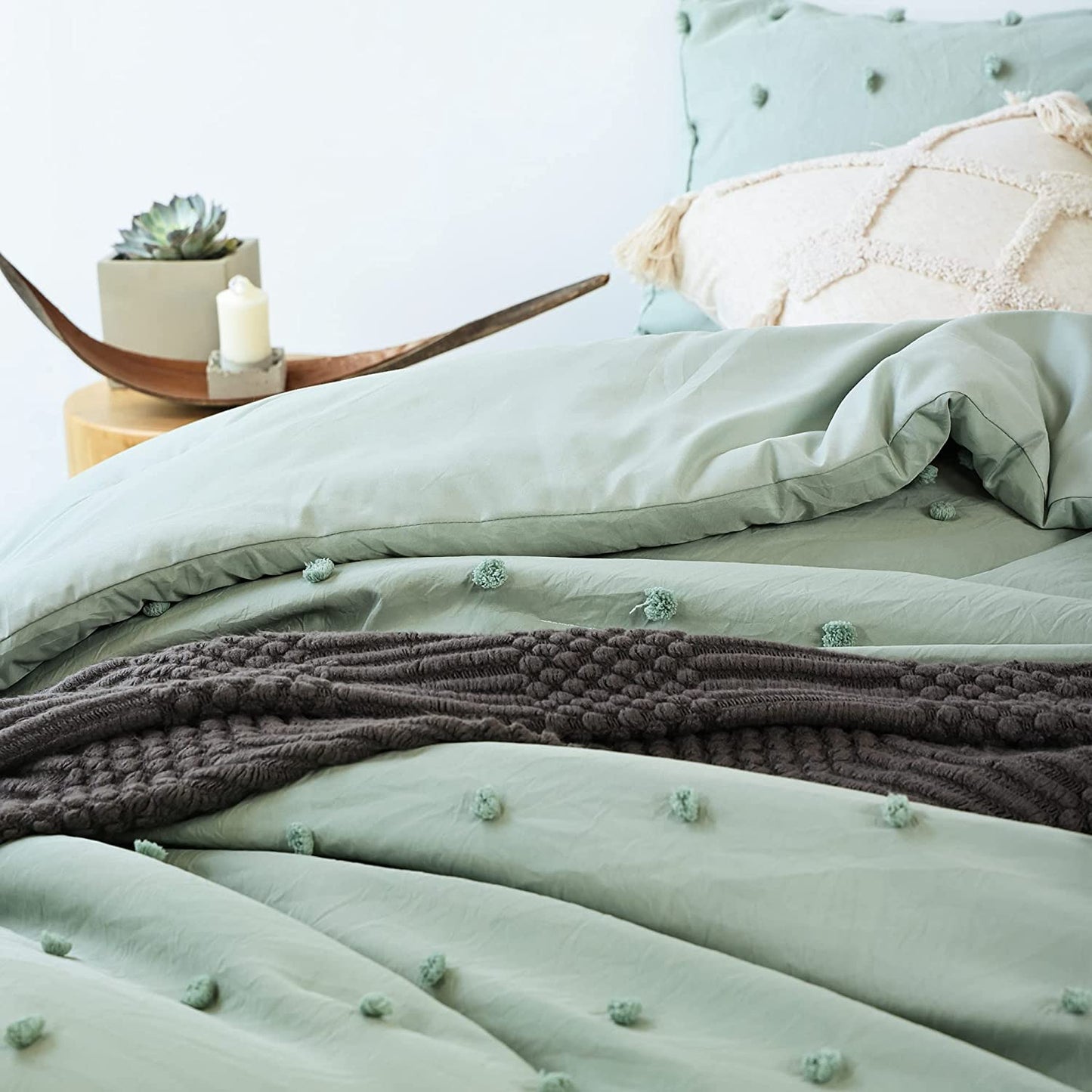 Sage Green Boho Style 3 Pieces Comforter Set With 2 Pillowcases
