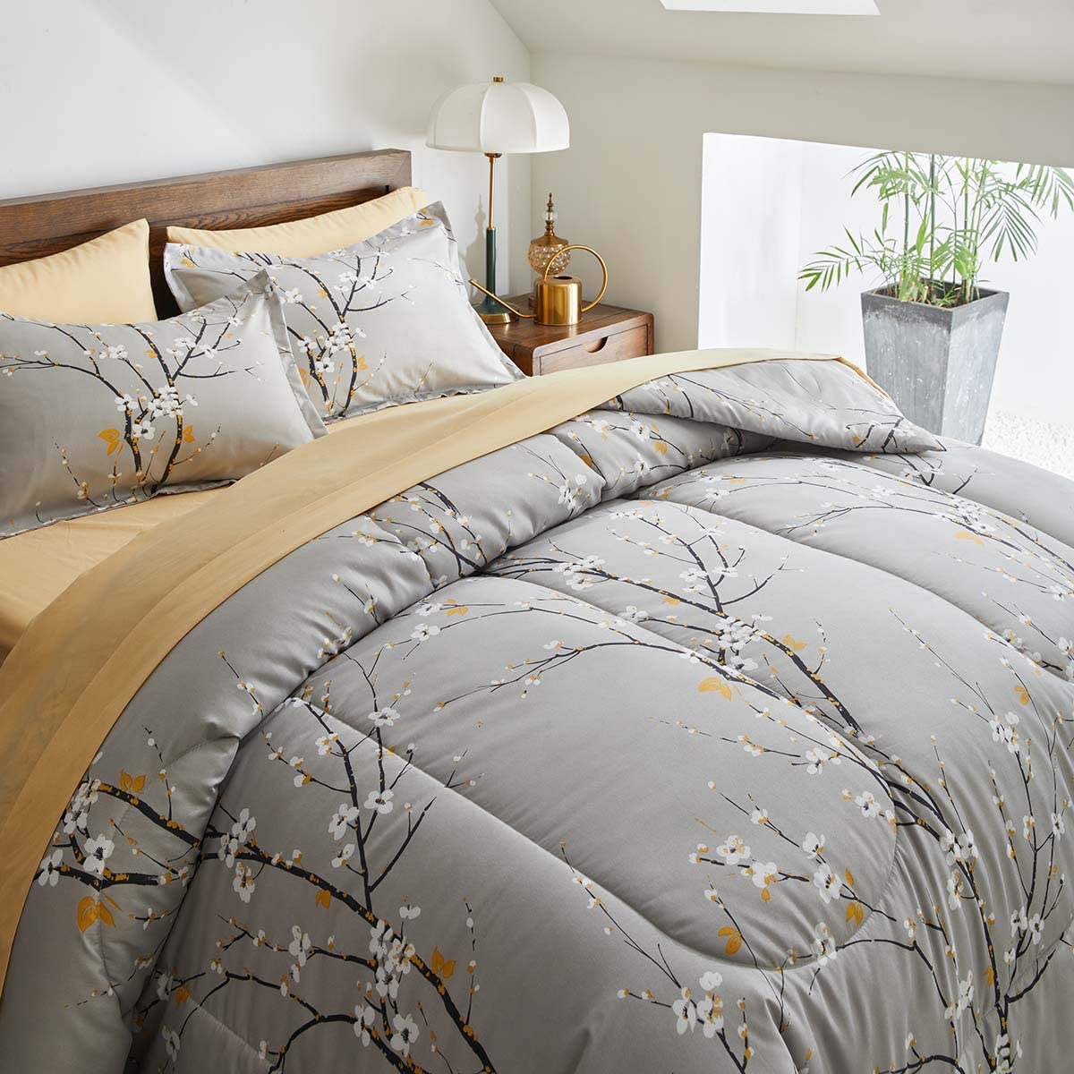 Tree Branch Bloom Flower Microfiber Reversible Bedding Set 7 Pieces Reversible Comforter Set With 4 Pillows