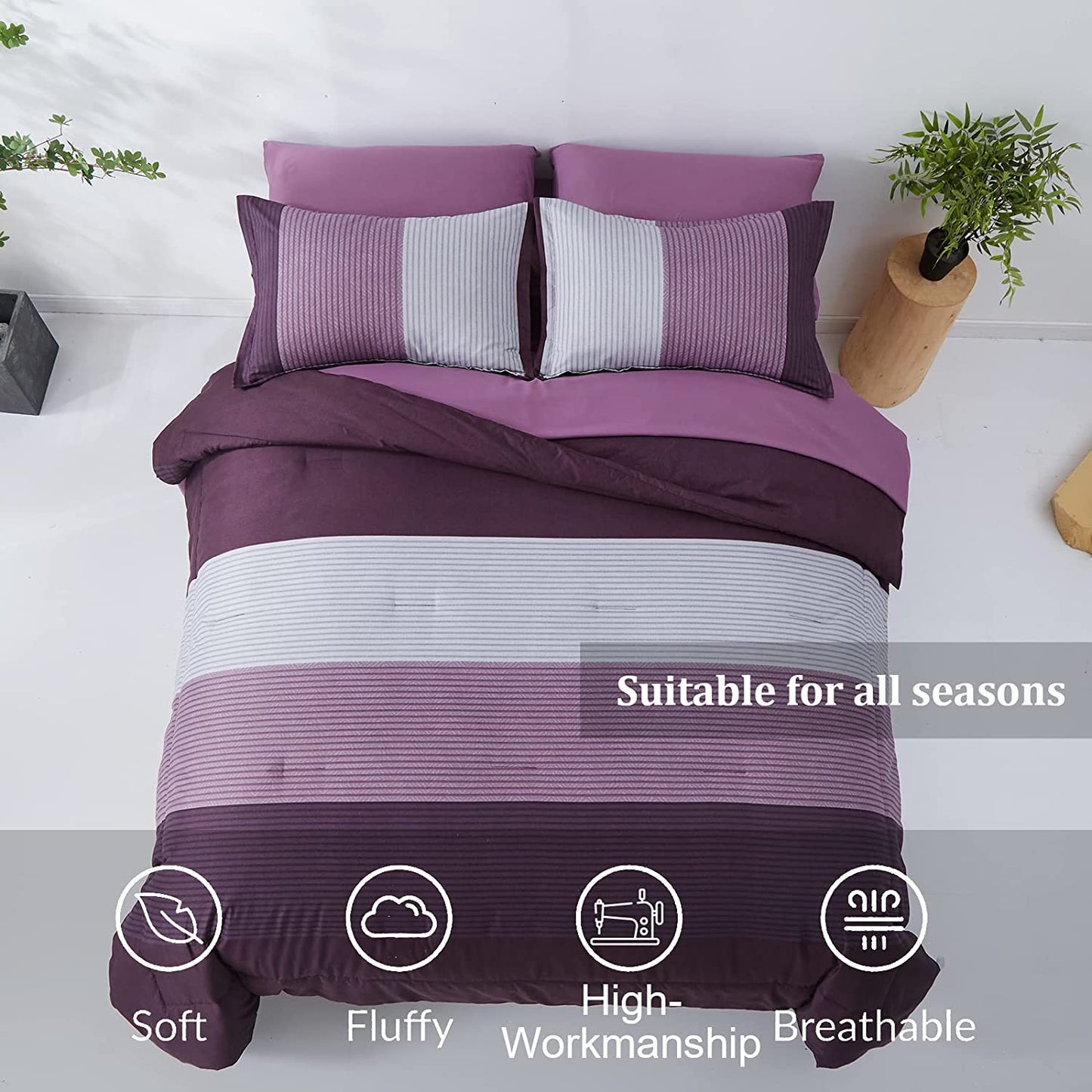 Purple Stripe Queen Comforter Set 7 Pieces Stripe Comforter Sets with Comforter, Pillowshams, Flat Sheet, Fitted Sheet and Pillowcases