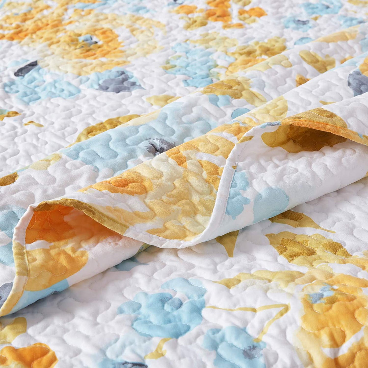 Yellow Blue Sunshine Flowers 3 Pieces Reversible Quilt Set with 2 Pillowcases