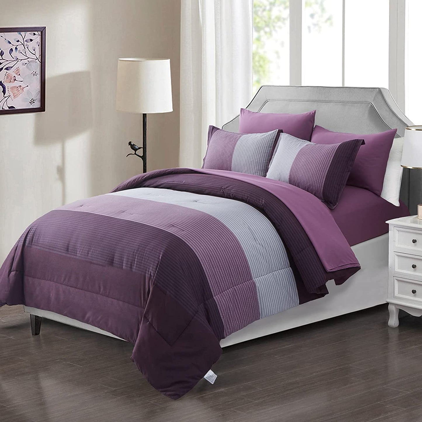 Purple Stripe Queen Comforter Set 7 Pieces Stripe Comforter Sets with Comforter, Pillowshams, Flat Sheet, Fitted Sheet and Pillowcases