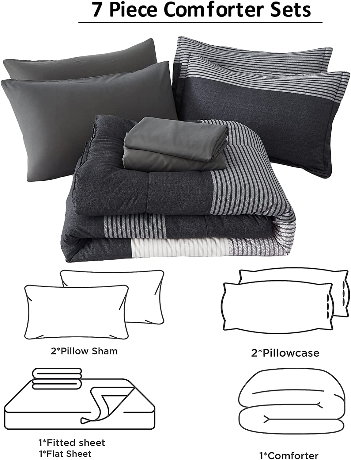 Dark Grey Queen Comforter Set 7 Pieces Stripe Comforter Sets with Comforter, Pillowshams, Flat Sheet, Fitted Sheet and Pillowcases