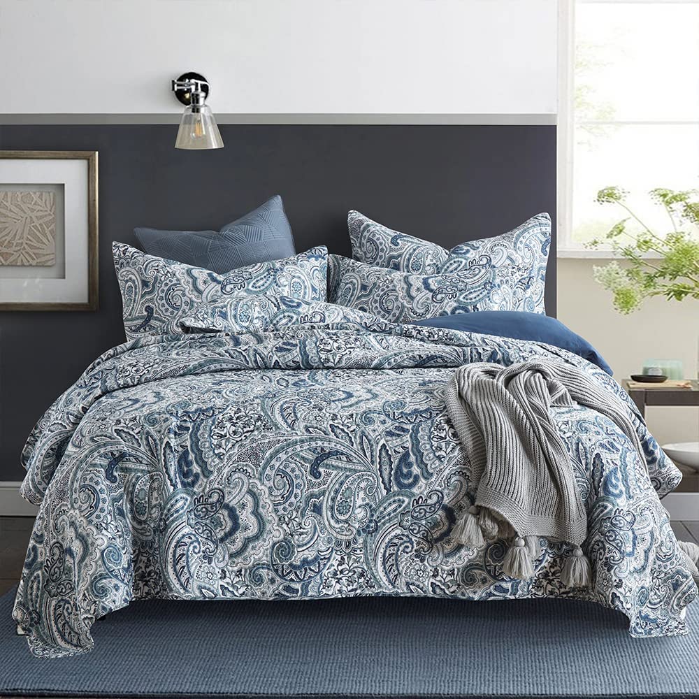 Pure Cotton Blue Floral Paisley Reversible Patchwork Quilt Sets 3 Pieces Coverlet Set with 2 Pillowcases