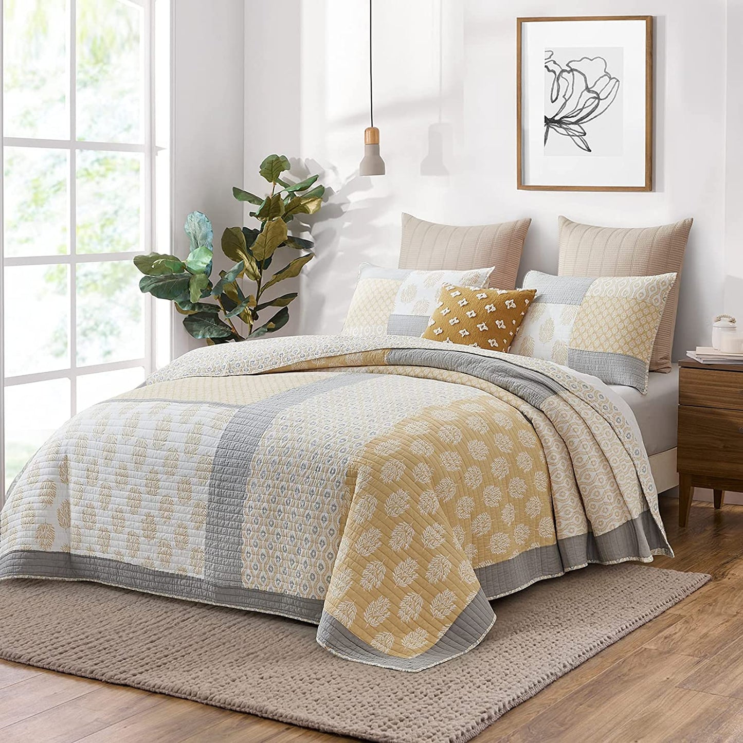 Pure Cotton Floral Real-Patchwork Farmhouse 3 Pieces Quilt Set with 2 Pillowcases
