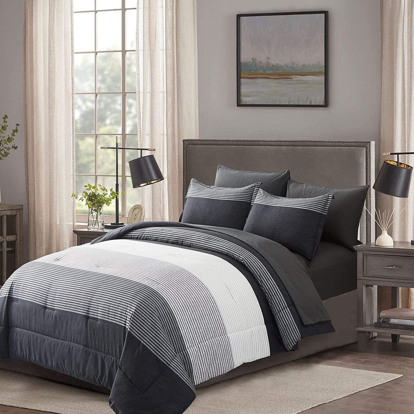 Dark Grey Queen Comforter Set 7 Pieces Stripe Comforter Sets with Comforter, Pillowshams, Flat Sheet, Fitted Sheet and Pillowcases