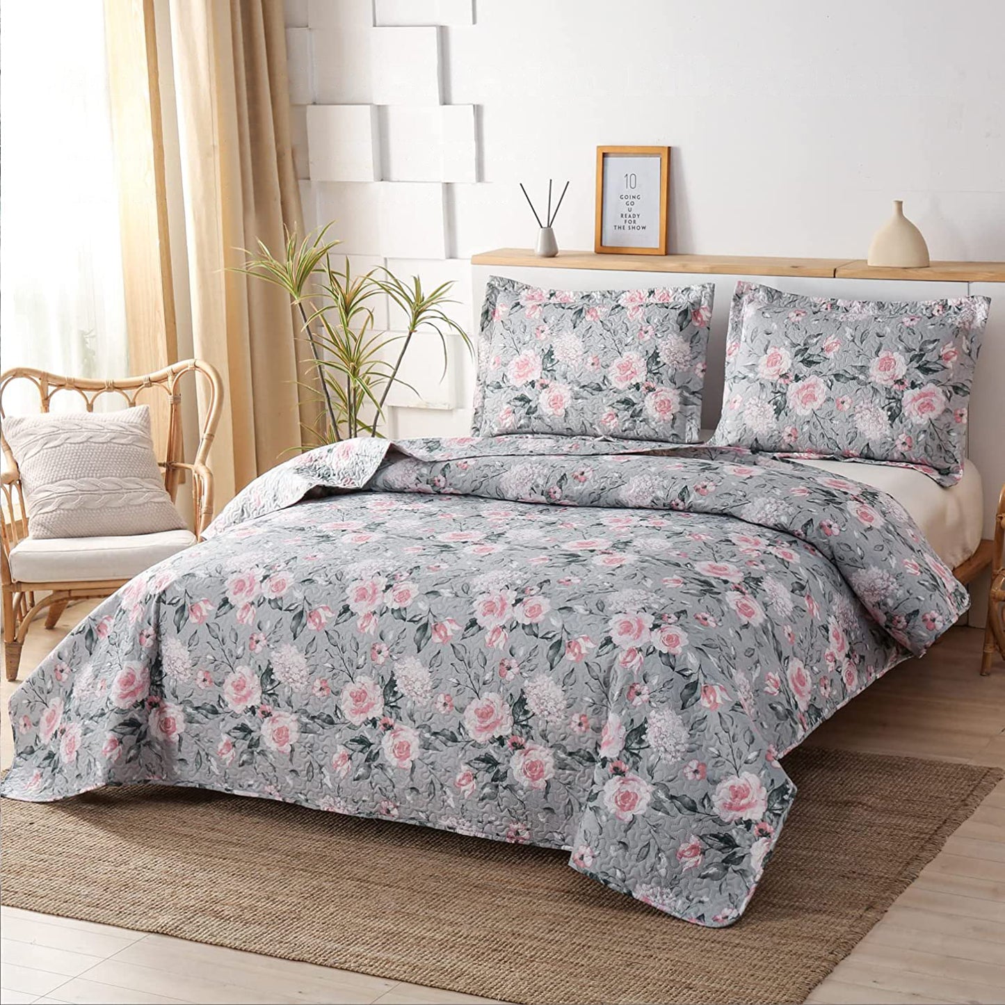 Gray Pink Rose Flower Coverlet 3 Pieces Floral Quilt Set with 2 Pillowcases