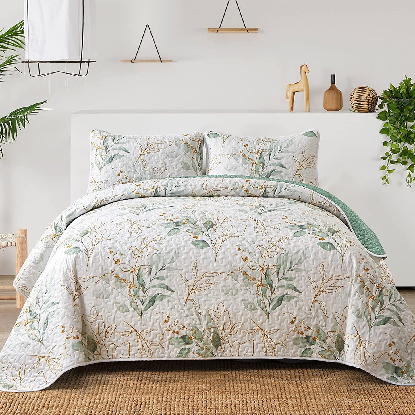 Floral Quilt King Size, Green Botanical King Quilt 3 Pieces