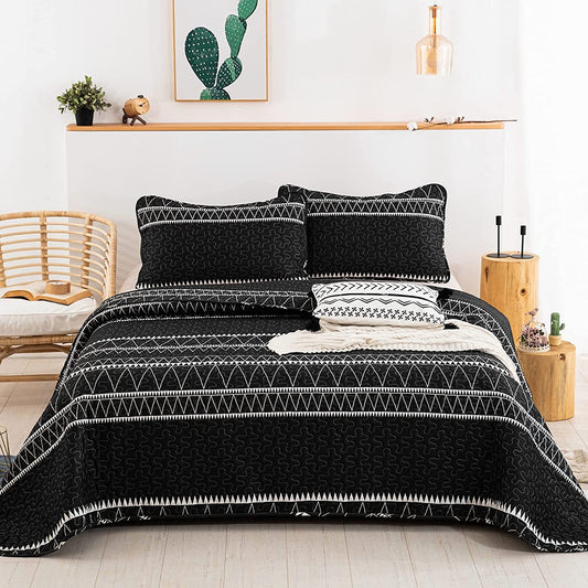 Pure Black Background With White Lines 3 Pieces Quilt Set Coverlet With 2 Pillowcases