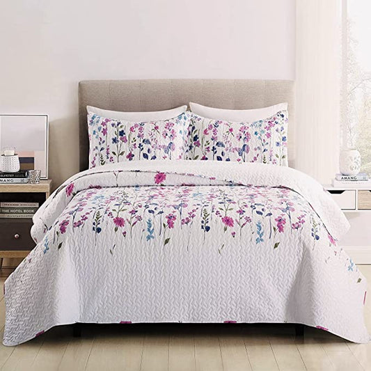 Purple&Blue Lilac Flowers Patterns 3 Pieces Quilt Set with 2 Pillowcases