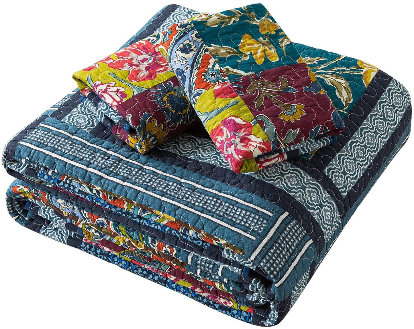 Pure Cotton Bohemian Garden Grid Pattern Reversible 3 Pieces Quilt Set with 2 Pillowcases