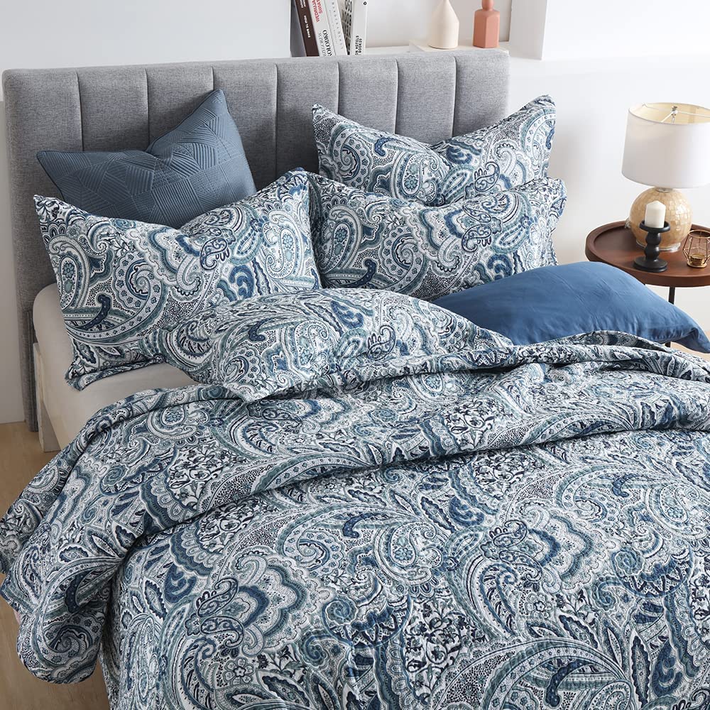 Pure Cotton Blue Floral Paisley Reversible Patchwork Quilt Sets 3 Pieces Coverlet Set with 2 Pillowcases