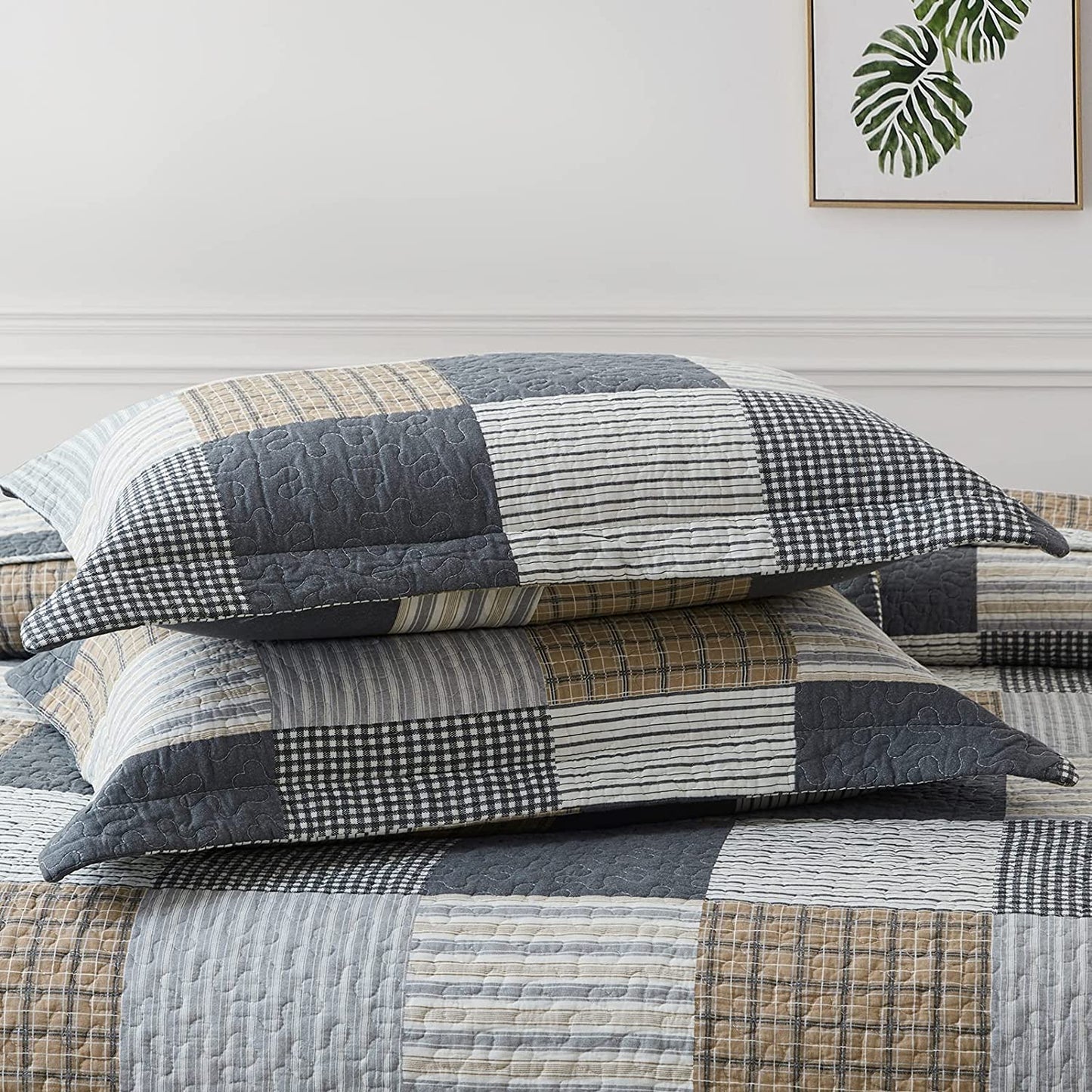 Pure Cotton Grey Black Brown Plaid Patchwork 3 Pieces Quilt Bedding Set with 2 Pillowcases