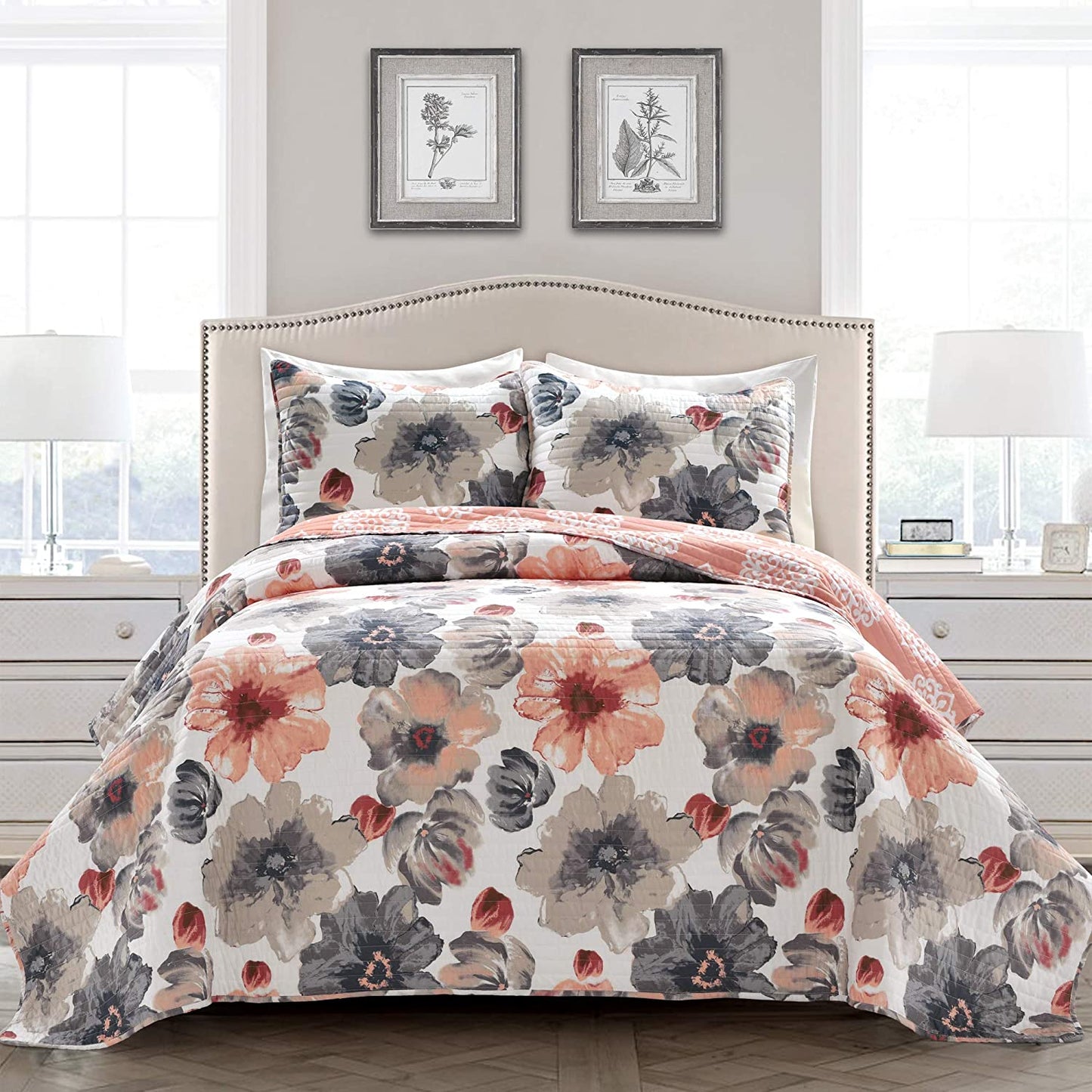 Coral & Gray Splash-Ink Painting Floral Patchwork 3 Pieces Quilt Set Coverlet with 2 Pillowcasess