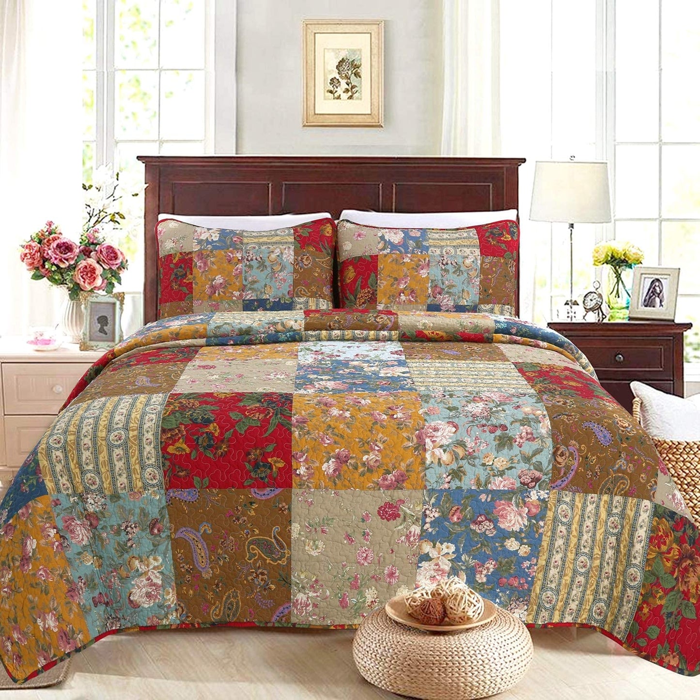 Fashions Floral Print Real Patchwork 3 Pieces Quilt Set with 2 Pillowcases