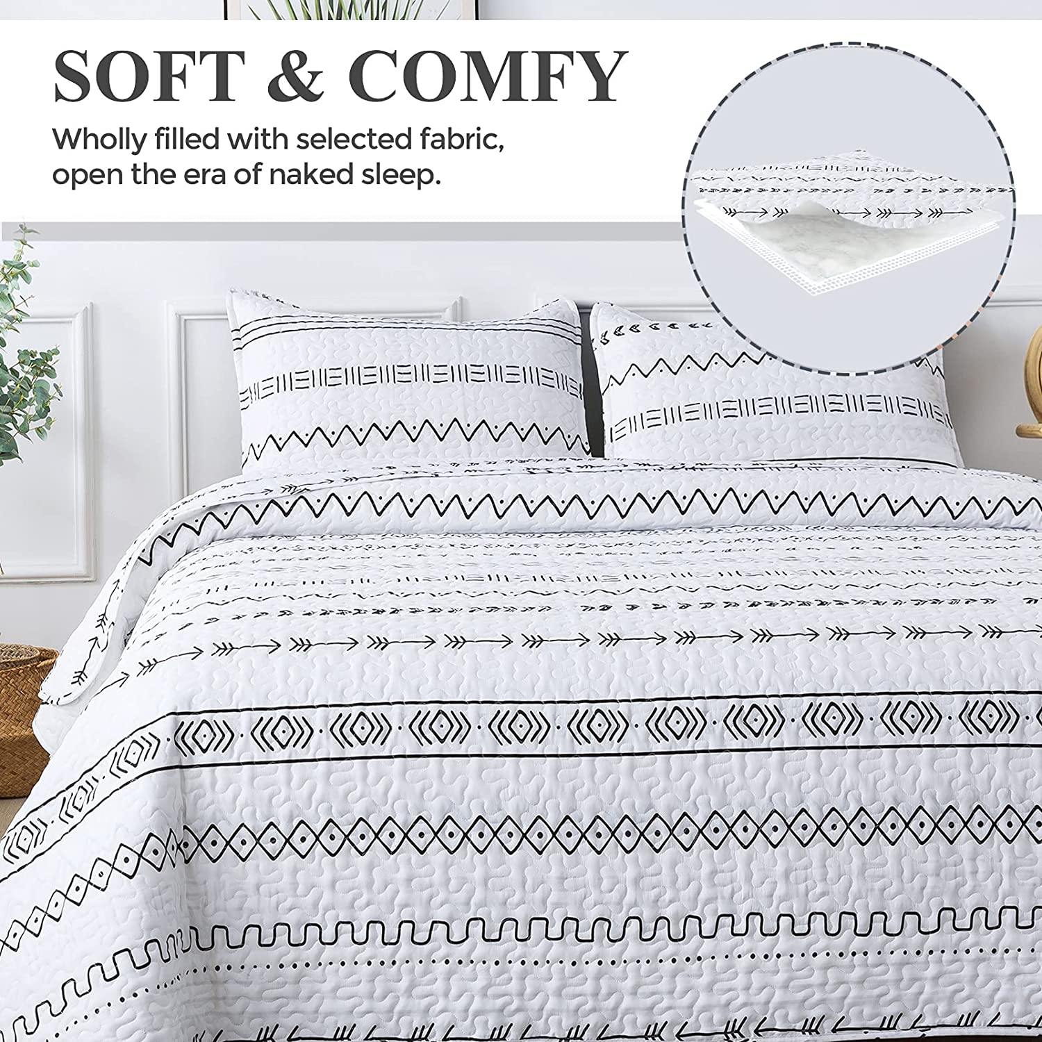 Black lines White 3 Pieces Boho Quilt Set Coverlet with 2 Pillowcases - Wongs bedding