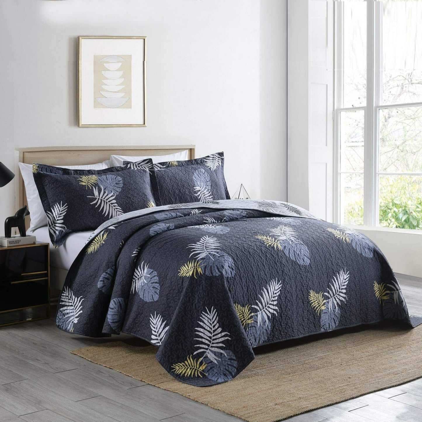 Navy and Leaf Print Lightweight Soft Quilt Set with 2 Pillow Shams