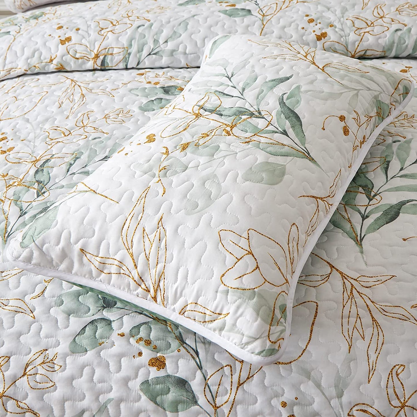 Floral Quilt King Size, Green Botanical King Quilt 3 Pieces, Reversible Soft King Quilt Bedding Set for All-Season