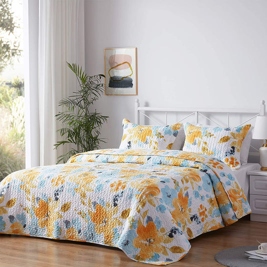 Yellow Blue Sunshine Flowers 3 Pieces Reversible Quilt Set with 2 Pillowcases