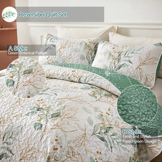 Floral Quilt King Size, Green Botanical King Quilt 3 Pieces, Reversible Soft King Quilt Bedding Set for All-Season