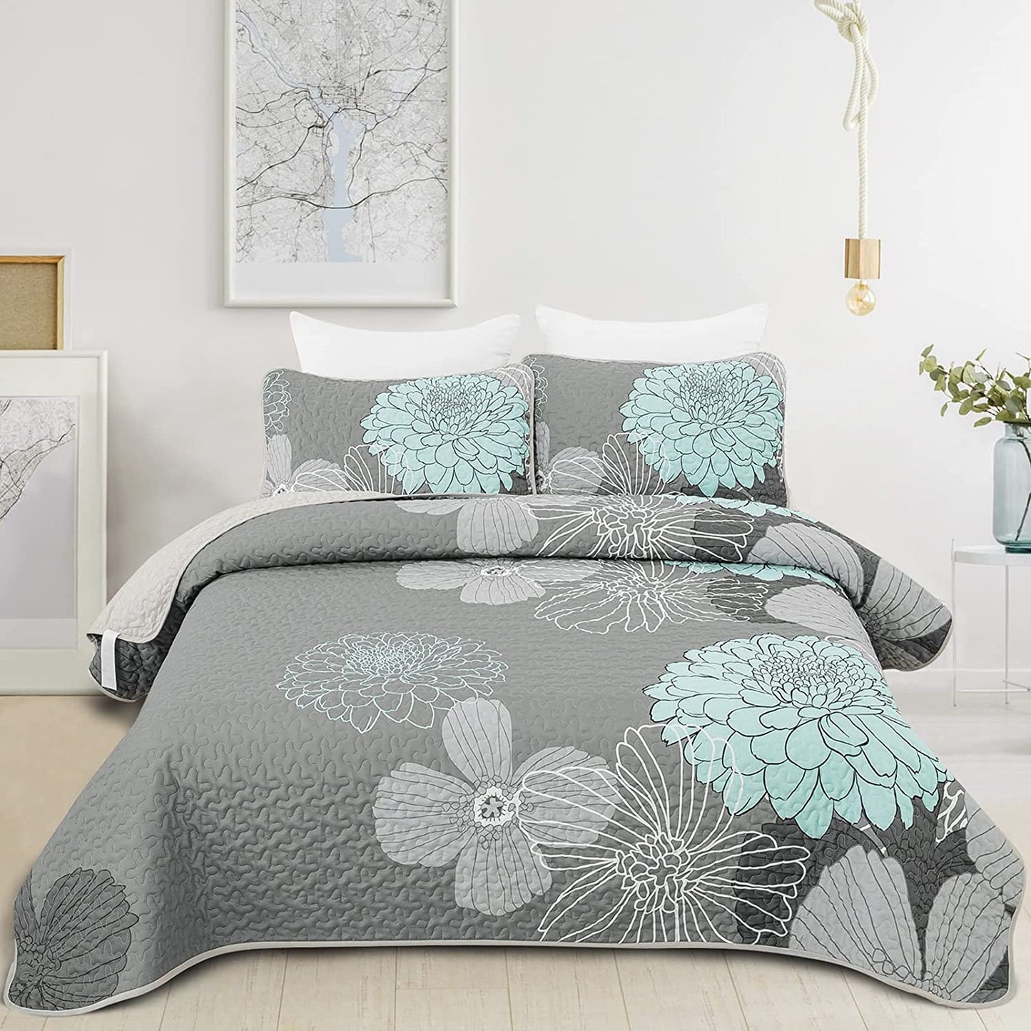 Green Floral Pattern Queen Size Quilt Set - 3 Pieces Quilt Coverlet Elegant Bohemian Bedspread with 2 Pillowcases Soft Lightweight Bedding Quilt Set for Adults