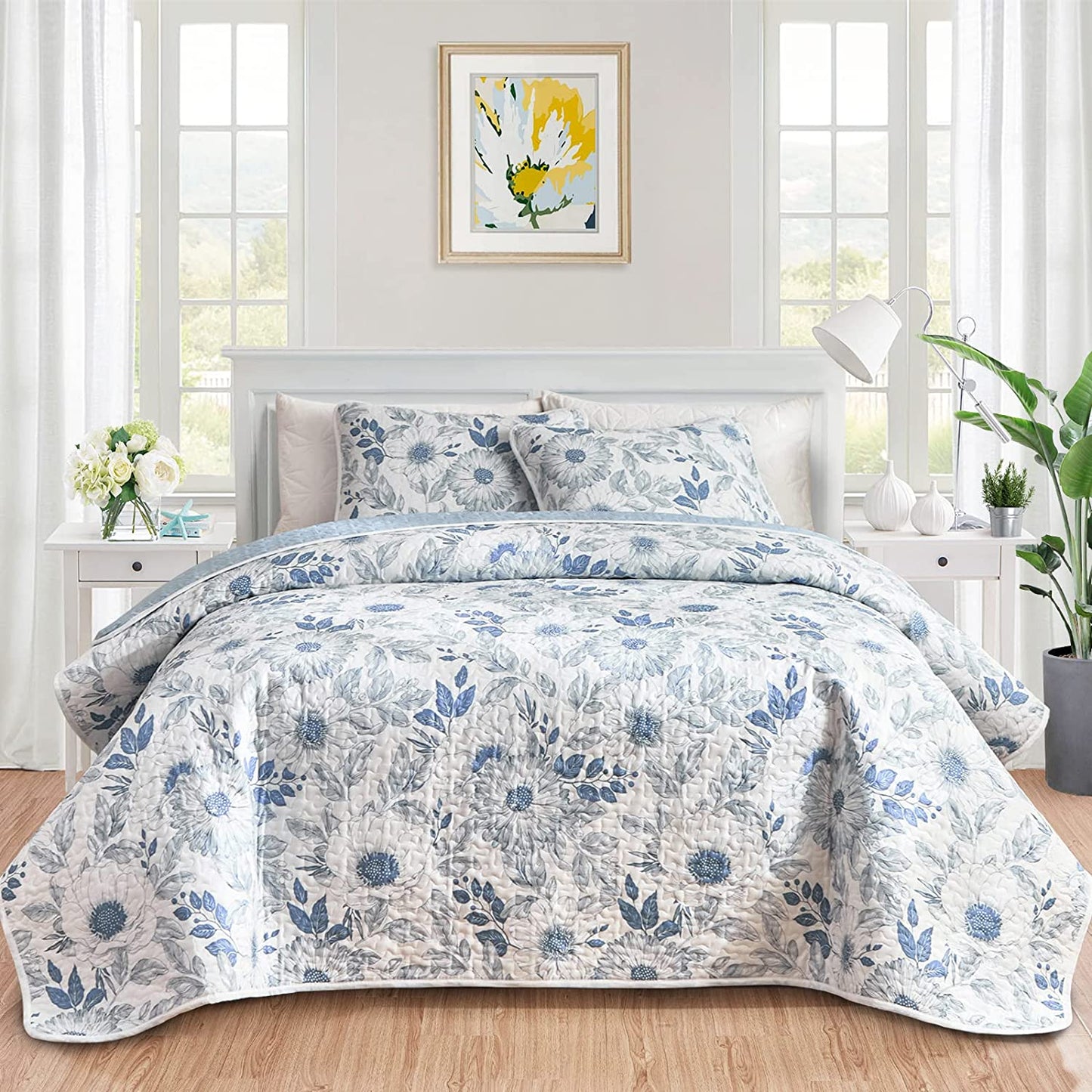 Floral Cotton Quilt Set 3 Pieces Light Blue Flowers on White Botanical –  Wongs Bedding