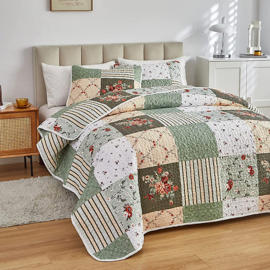 Floral Patchwork Quilt Set 3 Pieces Green Plaid Reversible Bedspread Coverlet Set with 2 Pillow Shams