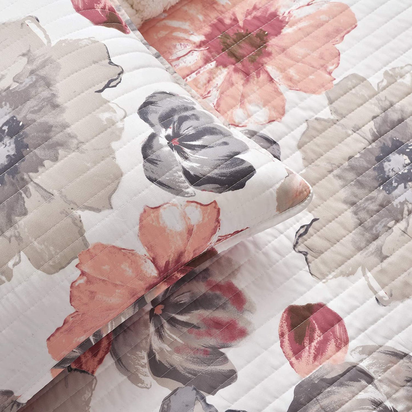 Coral & Gray Splash-Ink Painting Floral Patchwork 3 Pieces Quilt Set Coverlet with 2 Pillowcasess
