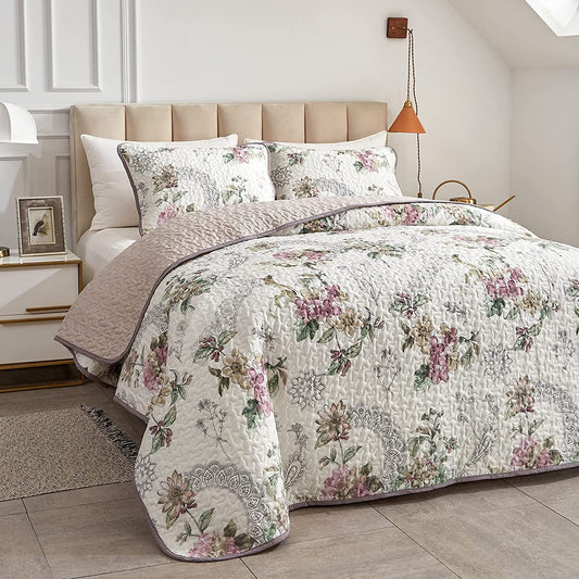 Soft Microfiber Lightweight Beige Floral  3 Pieces Reversible Quilt Set with 2 Pillow shams