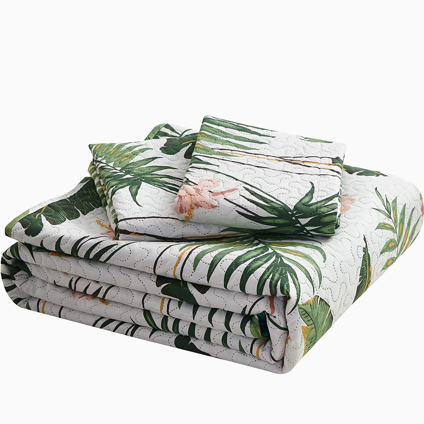 Tropical Green Leaves Floral Bedspread 3 Pieces Quilt Set with 2 Pillowcases