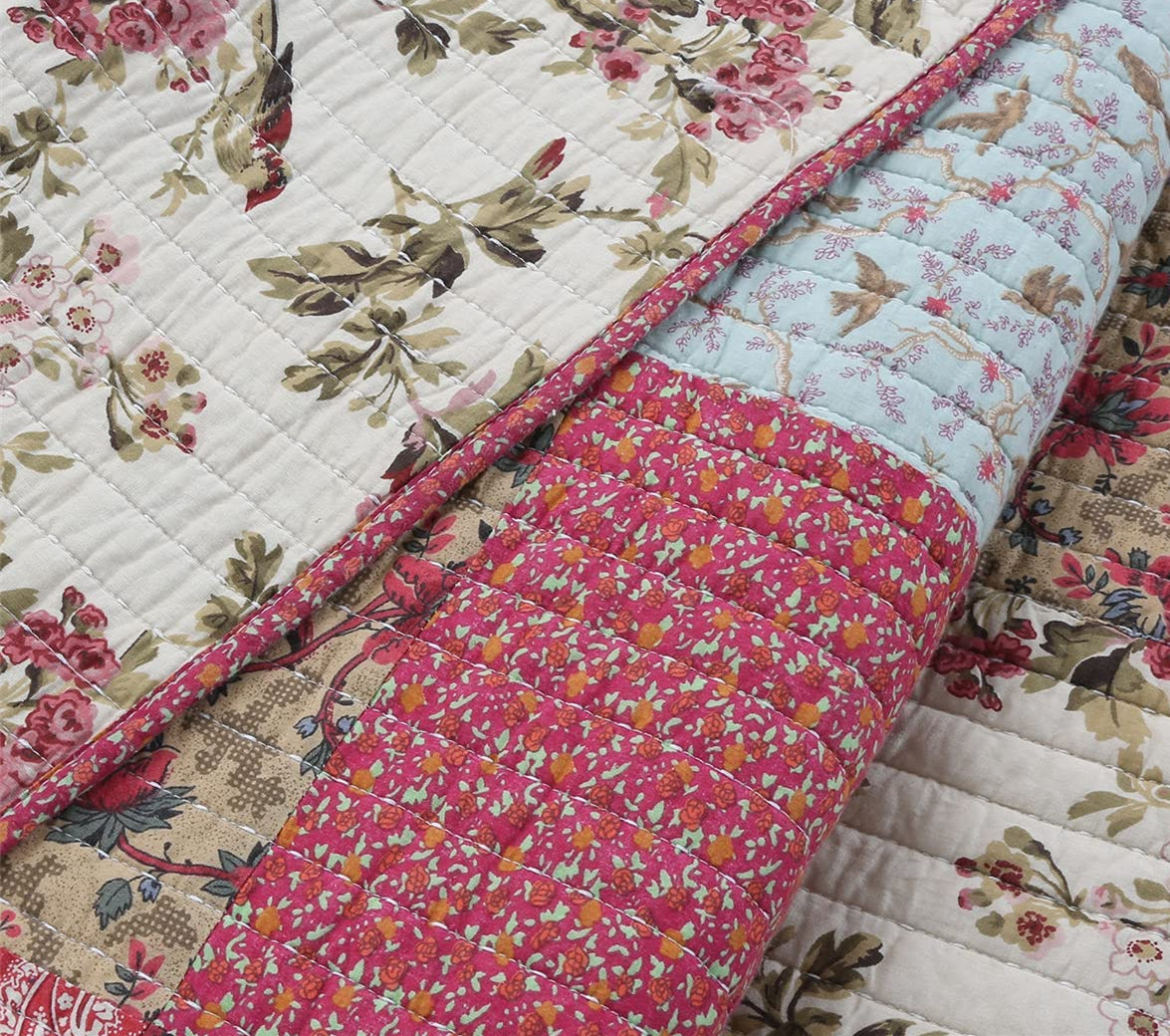 Pure Cotton Adeline Red Teal Khaki Floral Pint Pattern 3 Pieces Quilt Set with 2 Pillowcases