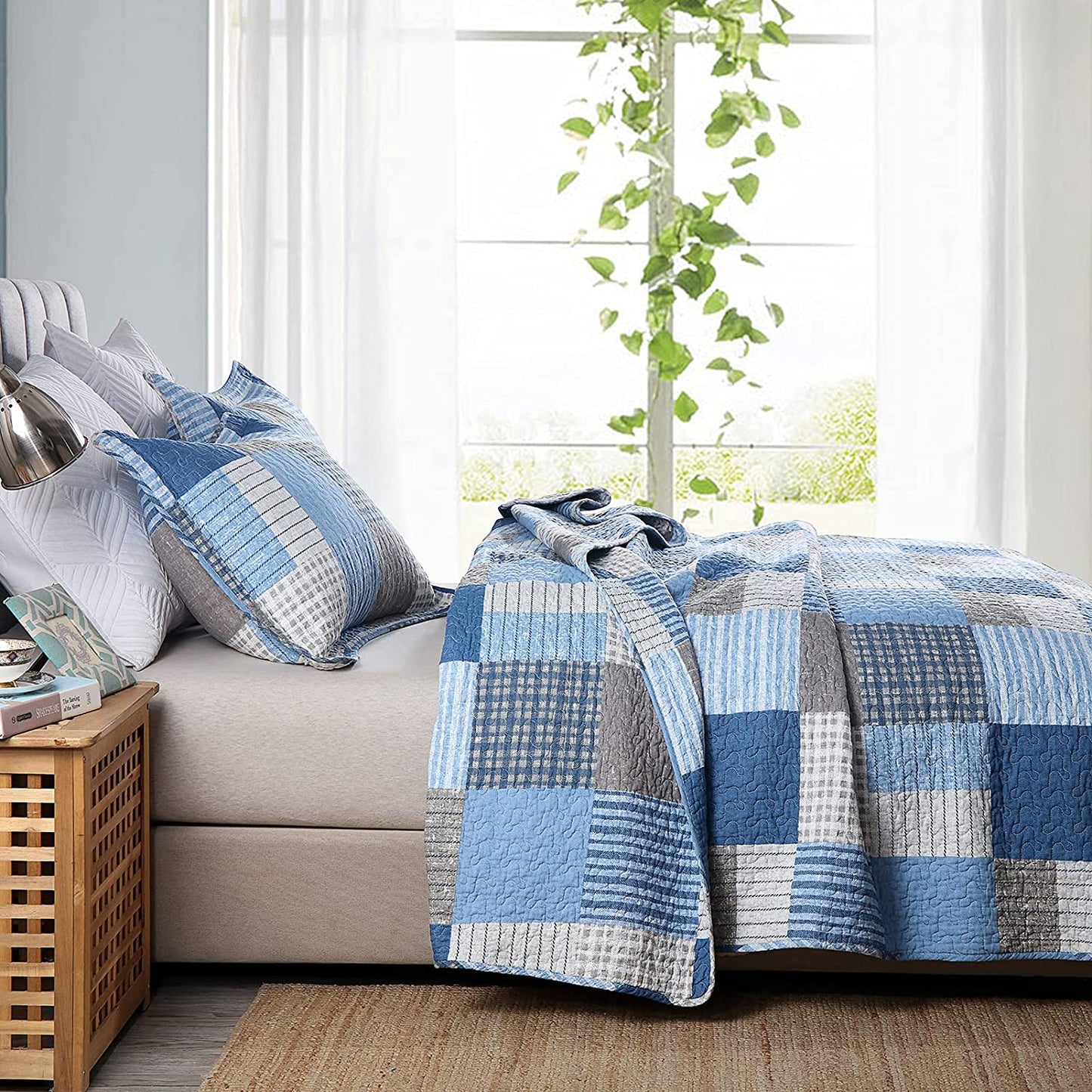 Pure Cotton Blue Navy Plaid Patchwork 3 Pieces Quilt Bedding Set with 2 Pillowcases