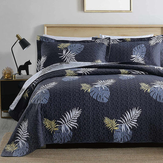 Navy and Leaf Print Lightweight Soft Quilt Set with 2 Pillow Shams