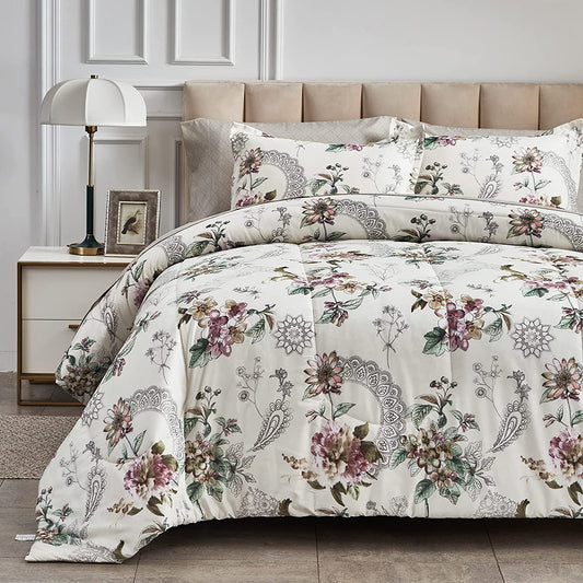 Red Floral Botanical Design 7 Pieces Reversible Comforter Set With 4 Pillows