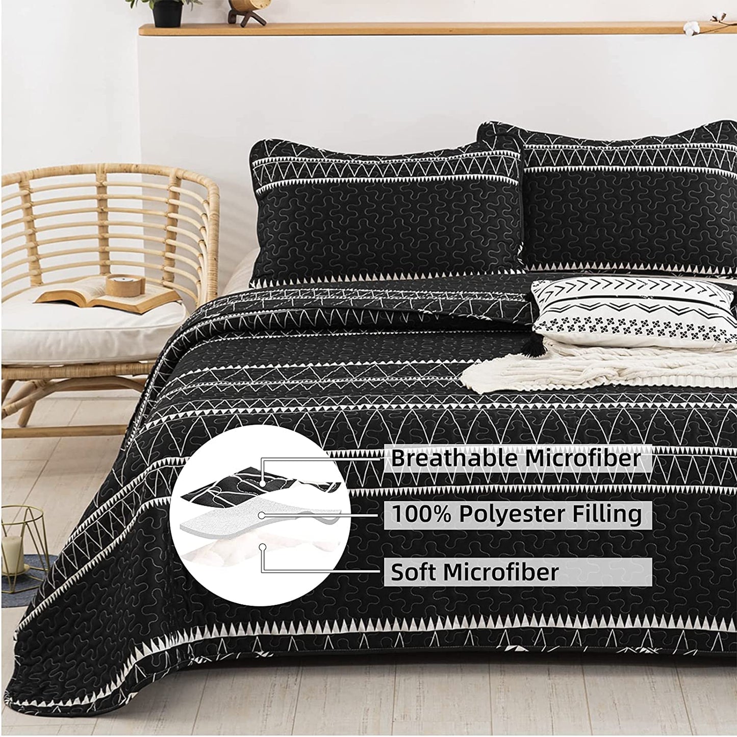 Pure Black Background With White Lines 3 Pieces Quilt Set Coverlet With 2 Pillowcases